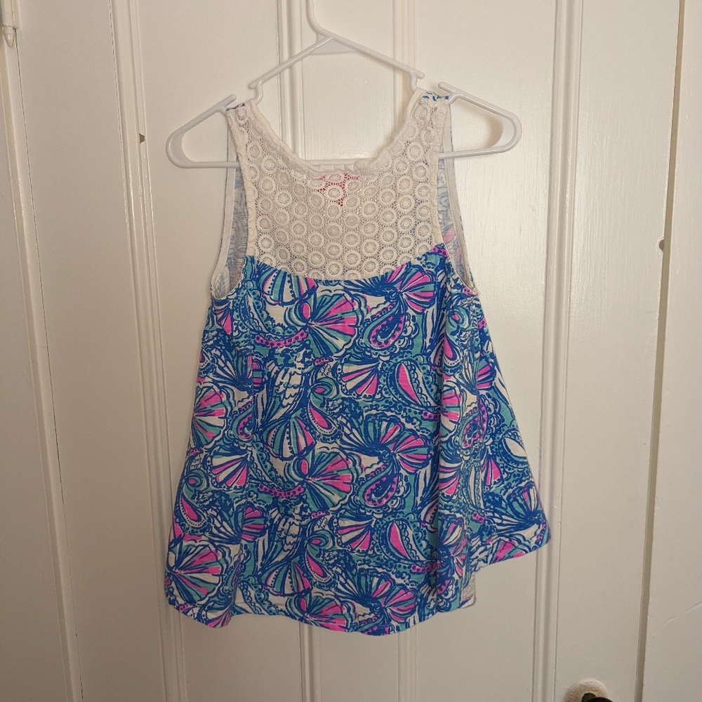 Lilly Pulitzer Vibrant Blue Pink &White Coastal Theme HiLow Crop Tank Top Medium - Picture 2 of 2